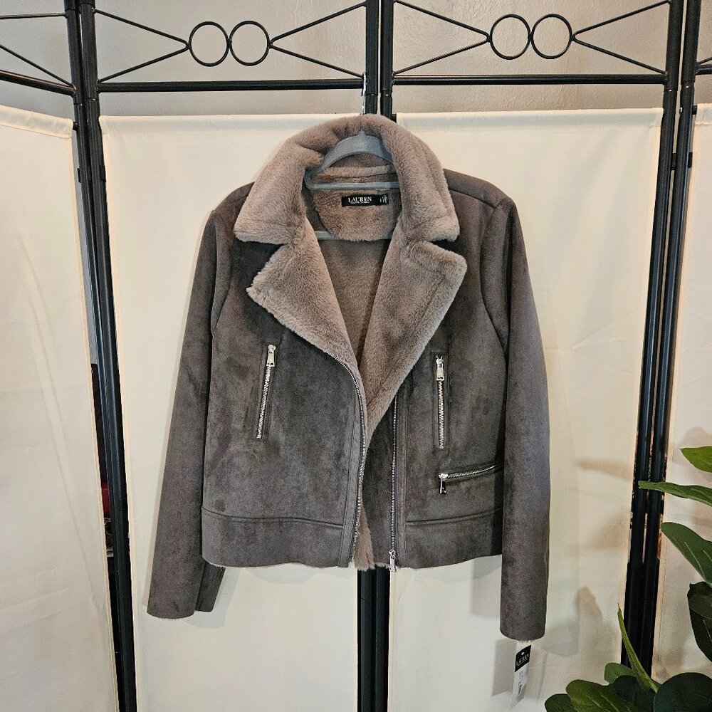 NWT Lauren by Ralph Lauren Faux Shearling Moto Jacket Size Large.